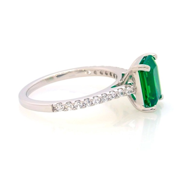 Octagon-Cut Emerald & White Lab-Created Sapphire Ring in Sterling Silver. - Picture 3 of 7